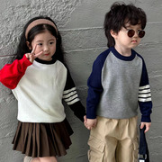 男女童秋冬韩版拼色洋气毛衣，宝宝插肩长袖，男童学院风针织衫打底衫