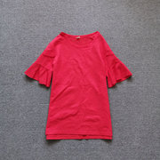 红色短袖t恤女2023夏季时尚洋气，荷叶边喇叭袖体恤打底衫上衣