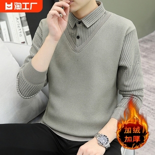 男士加绒加厚衬衫冬季韩版潮流假两件长袖，针织衫衬衣保暖休闲衣服