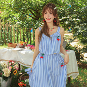 CLOUDSEASON樱桃蓝色条纹长裙夏季新纯棉宽松休闲无袖吊带连衣裙