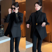 羽毛拼接设计感黑色西服外套女秋季韩版时尚洋气百搭气质上衣