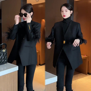 羽毛拼接设计感黑色西服，外套女秋季韩版时尚洋气百搭气质上衣