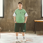 胖男童短袖套装夏季薄款运动两件套中大童青少年加肥加大T恤中裤