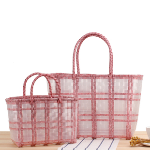 店长格子条纹手拎菜篮子透明防水塑料沙滩手工编织包购物袋