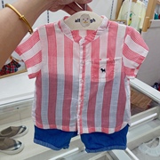 韩国22年夏款男宝宝童装，红白条纹衬衫短袖上衣，牛仔短裤套装休闲