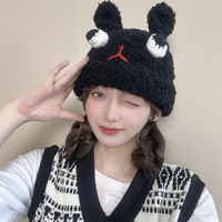 秋冬针织帽女韩版可爱卡通大眼睛，兔耳毛绒帽保暖休闲甜美套头帽酷