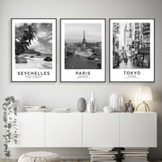 黑白装饰画城市摄影建筑风景挂画玄关客厅墙画柏林首尔塞舌巴厘岛