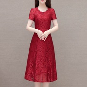 夏装红色假两件连衣裙，轻奢高端喜婆婆妈妈婚宴酒席显瘦气质裙子