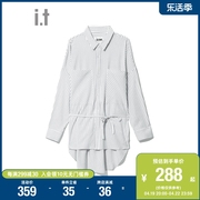 it izzue女装条纹衬衫春季新设计感前短后长腰饰系带8123S2I