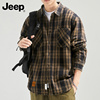 jeep吉普长袖衬衫男士，春季潮流美式工装寸衫纯棉，格子衬衣外套男装