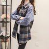 格子拼接撞色牛仔衬衫女长袖2024春装新款韩版宽松设计感小众衬衣