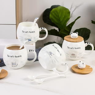 日式可爱卡通木盖猫咪家用陶瓷水杯男女办公室咖啡杯马克杯带盖勺