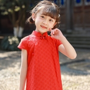 儿童旗袍夏季中式红色，中国风连衣裙，小女孩改良版纯色旗袍裙夏