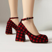 春季女士单鞋超高跟大粗跟红色蓝色黑白色，格子一字扣带女鞋子