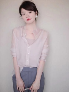 裸粉珍珠丝衬衫，女薄款设计感小众夏季空调，衫防晒衬衣长袖上衣