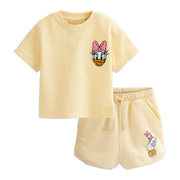 女童休闲短袖运动服套装儿童纯棉夏装，宝宝黄色卡通t恤两件套短裤5