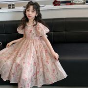 女童韩版洋气短袖，在逃公主裙2024夏大童泡泡，袖雪纺仙女连衣裙