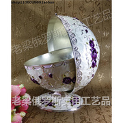 Z1金属桌面垃圾碗收纳盒高脚球形翻盖斜口银边白色紫玫瑰