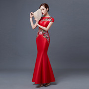 红色刺绣圆领长款鱼尾晚礼服 修身气质短袖显瘦宴会礼服裙