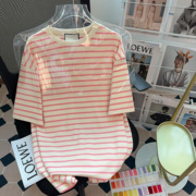 粉色条纹纯棉短袖t恤女日系甜美小众设计感港味chic复古半袖上衣