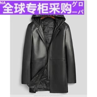 欧洲2022海宁真皮羽绒服，男连帽修身中长款绵羊皮真皮羽绒