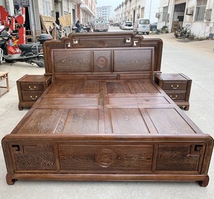 红木家具鸡翅大木床，卧室双人婚床实木高箱1.81.5米储物床床头柜