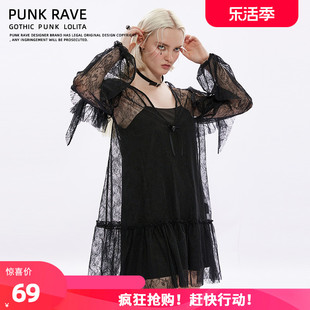 PUNKRAVE法式秋季镂空防晒袖连衣裙女甜美蕾丝黑色纱裙娃娃裙