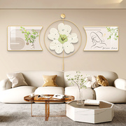奶油风客厅花装饰画开富贵沙发三联画挂画绿植c钟表背景墙壁画