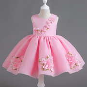 夏季公主裙粉红色女演出服六一儿童节小童花朵短款童无袖礼服裙公