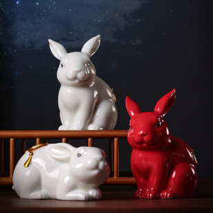 陶瓷十二生肖兔子摆件，招财纳礼盒纳福风水白兔，工艺品玉兔家装饰品