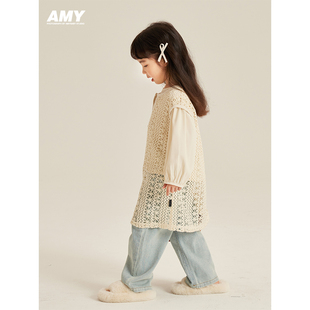 Amybaby女童上衣2024春秋款儿童时髦气质米字蕾丝套装两件套