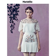 marieelie春夏款短袖，蕾丝绣花镂空白色雪纺上衣