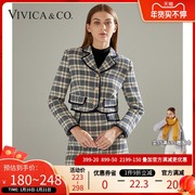 薇薇卡女装2021秋冬复古时髦撞色格子短外套优雅小香风两件套