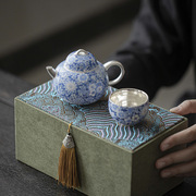 999银鎏银青花一壶一杯中式茶壶，茶杯套装功夫，茶具家用送礼礼盒套