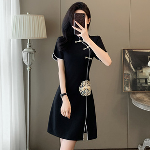黑色高级感国风刺绣盘扣，开叉裙女夏季新中式小个子改良旗袍连衣裙