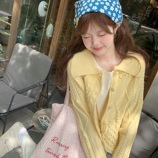 yukixiaoshu自制奶黄色针织，开衫24春季拼接麻花钩织毛衣外套