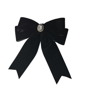 韩版气质黑色丝绒飘带领花，天鹅绒双层蝴蝶结别针外套装饰法式领结