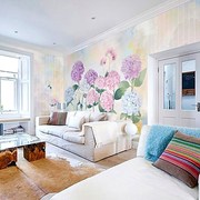 简约花朵田园温馨手绘紫色绣球花沙发，卧室房间背景墙壁纸墙布壁画