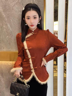 新中式国风加绒打底衫女冬装，2024水貂毛，上衣今年流行漂亮小衫
