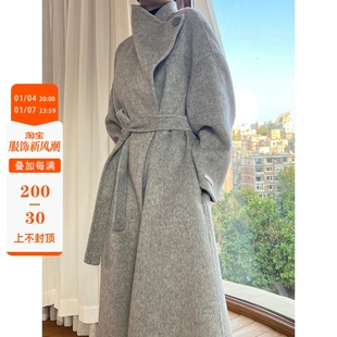 大连东越韩国设计师款立领双面羊绒大衣女中长款灰色高级毛呢外套