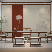 新中式古典荷花壁纸古风客厅沙发茶室背景墙纸壁画养生馆红色墙布