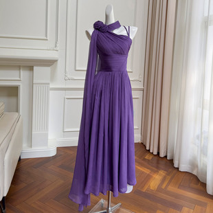 高端轻奢女装紫色斜肩立体花朵连衣裙仙女，长裙礼服婚纱