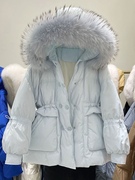 大毛领白鸭绒(白鸭绒，)高端甜美蓝色羽绒服女短款小个子2023年冬季加厚