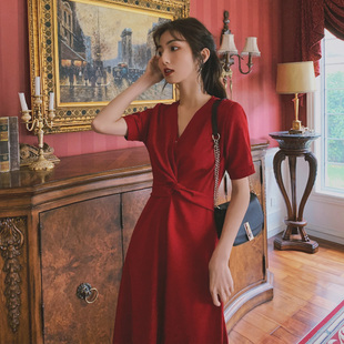红色连衣裙女夏法式小众，结婚长裙平时可穿气质显瘦敬酒服订婚礼服