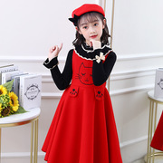 女童套装秋冬新中国(新中国)红连衣裙童装，韩版中大童毛呢两件套一件代发