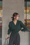 韩国东大门秋季2023女装复古麻花墨绿色针织开衫