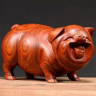 花梨实木质雕刻一对猪摆件三合十二生肖，动物猪家居装饰红木工艺品
