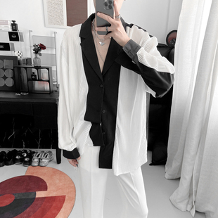 复得先生小香风黑白拼色休闲长袖衬衣男韩版高级感褶折垂感衬衫潮