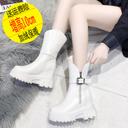 白色中筒靴女冬季斜口气质短靴厚底内增高侧拉链英伦风加绒棉鞋