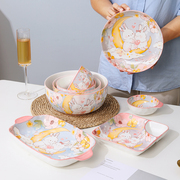 釉下彩可爱萌兔陶瓷，碗盘勺筷餐具组合套装，家用卡通菜盘子饭碗汤碗